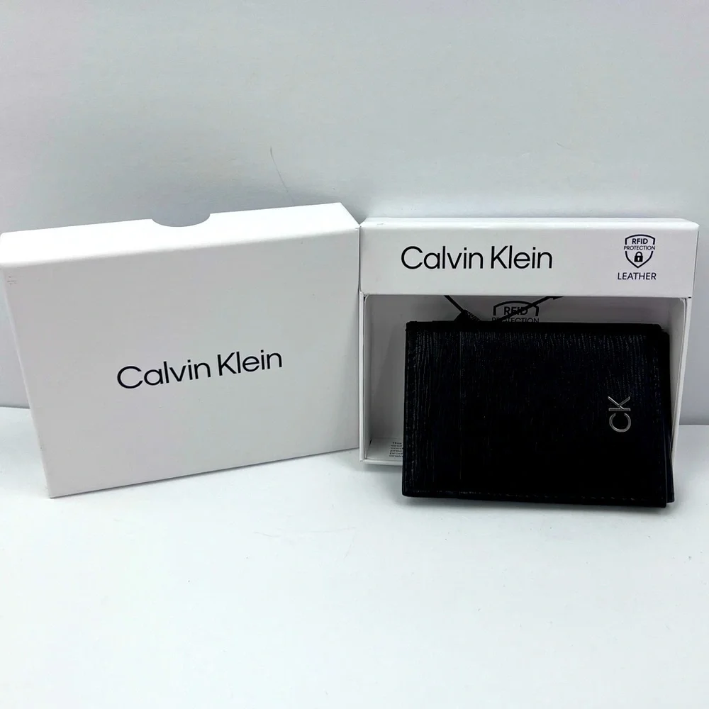 CALVIN KLEIN,MEN’S WALLET,SINGLE FOLD WORK MAGNET,BLACK LEATHER,RIFD PROTECTION